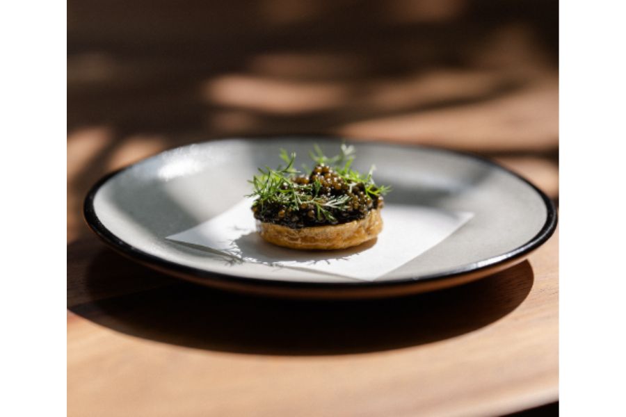 minimalist fish dish on a big white plate