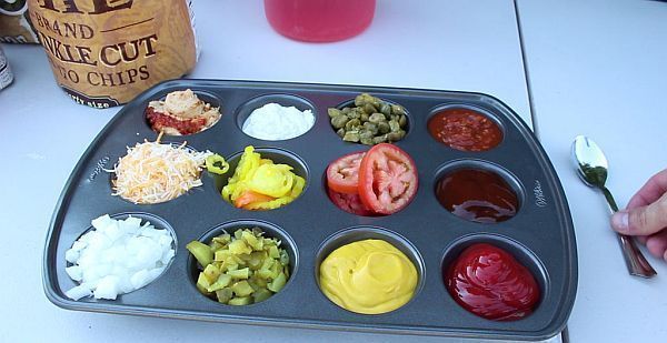 Muffin tin of condiments