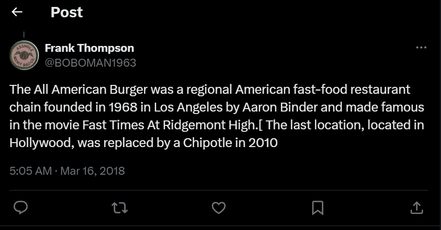 Twitter post about All American burger chain