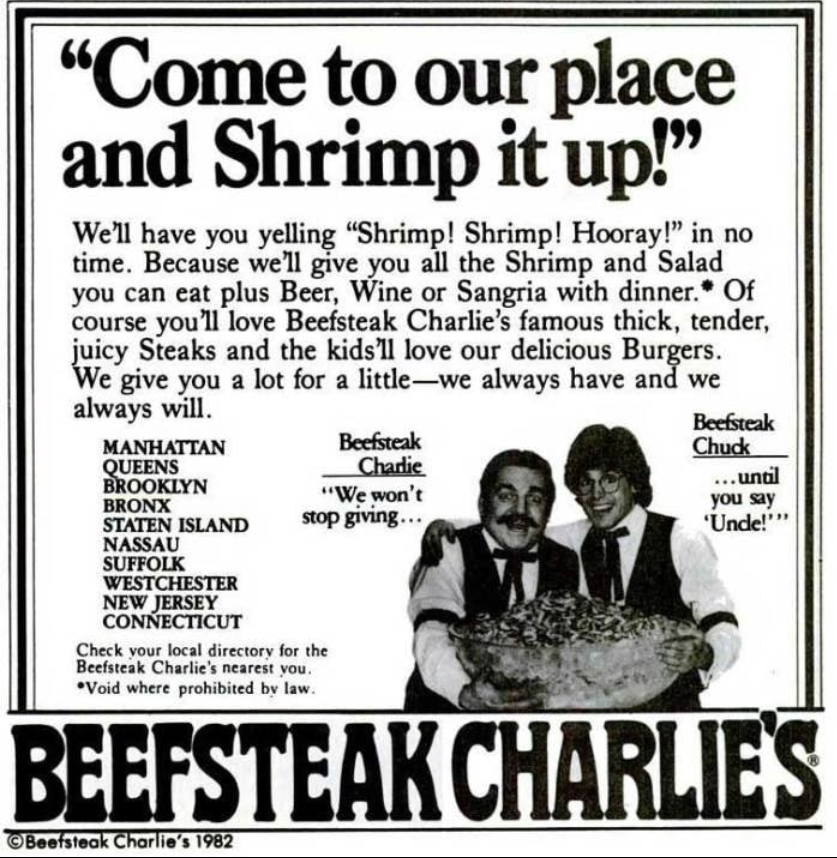 Beefsteak charlie's restaurant advertising from Facebook