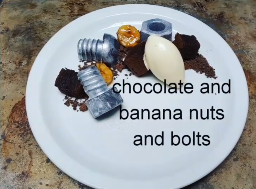 Nuts and bolts on a plate, made of chocolate by chefbenchurchill on instagram