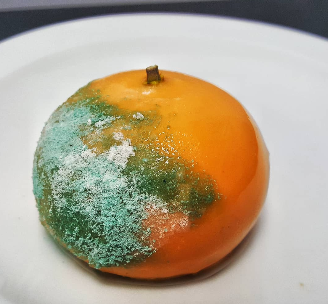 A moldy orange on a white plate, optical illusion with food by chefbenchurchill on instagram
