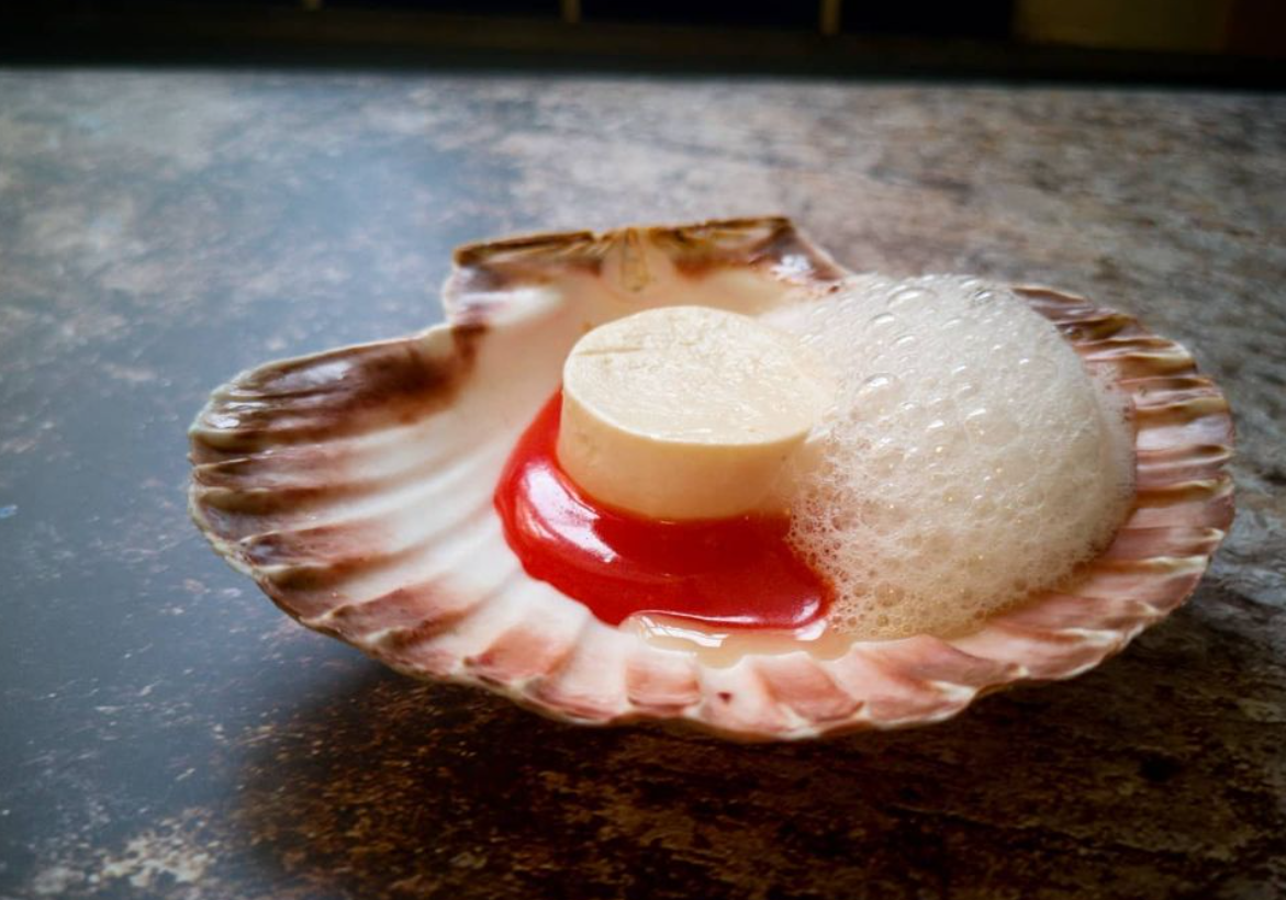 Dessert that looks like foamy bar soap in a seashell soapdish, chefbenchurchill instagram