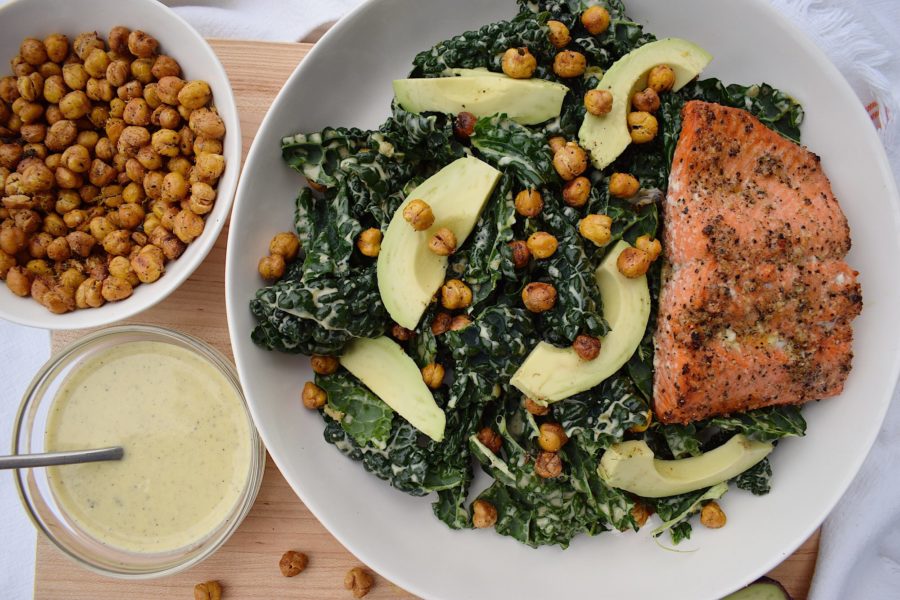 Kale Salmon Caesar Salad with Chickpea “Croutons”