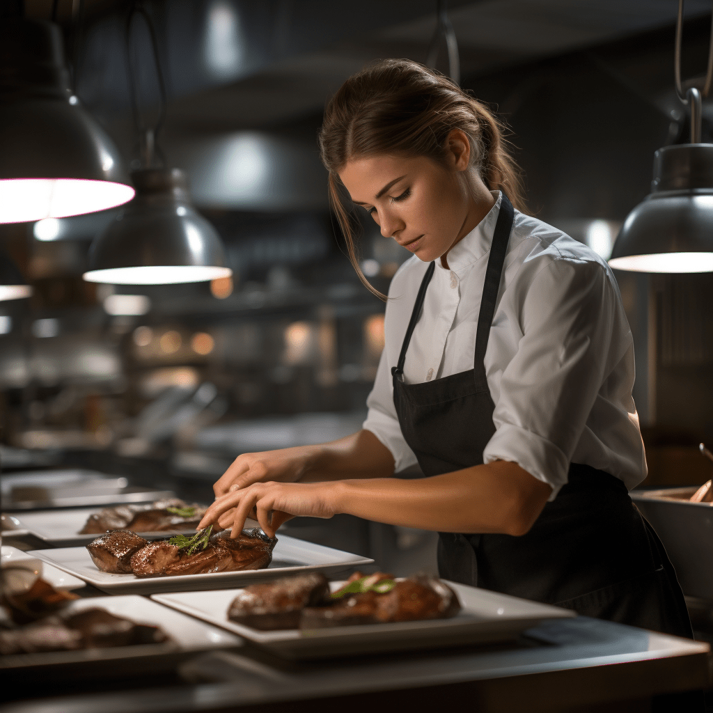 A woman plating a steak dinner.