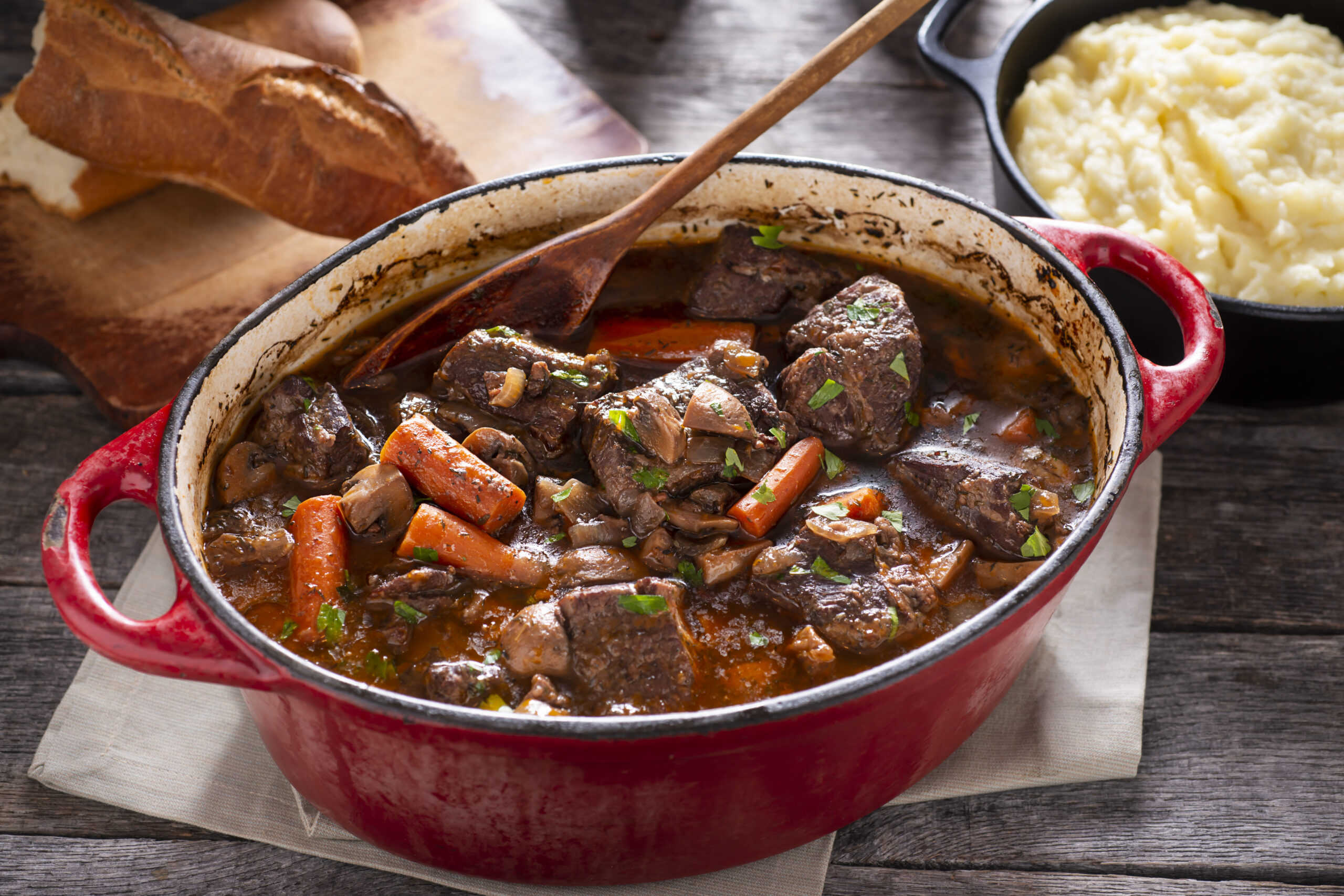 Beef Bourguignon in an Enameled Cast Iron Dutch Oven