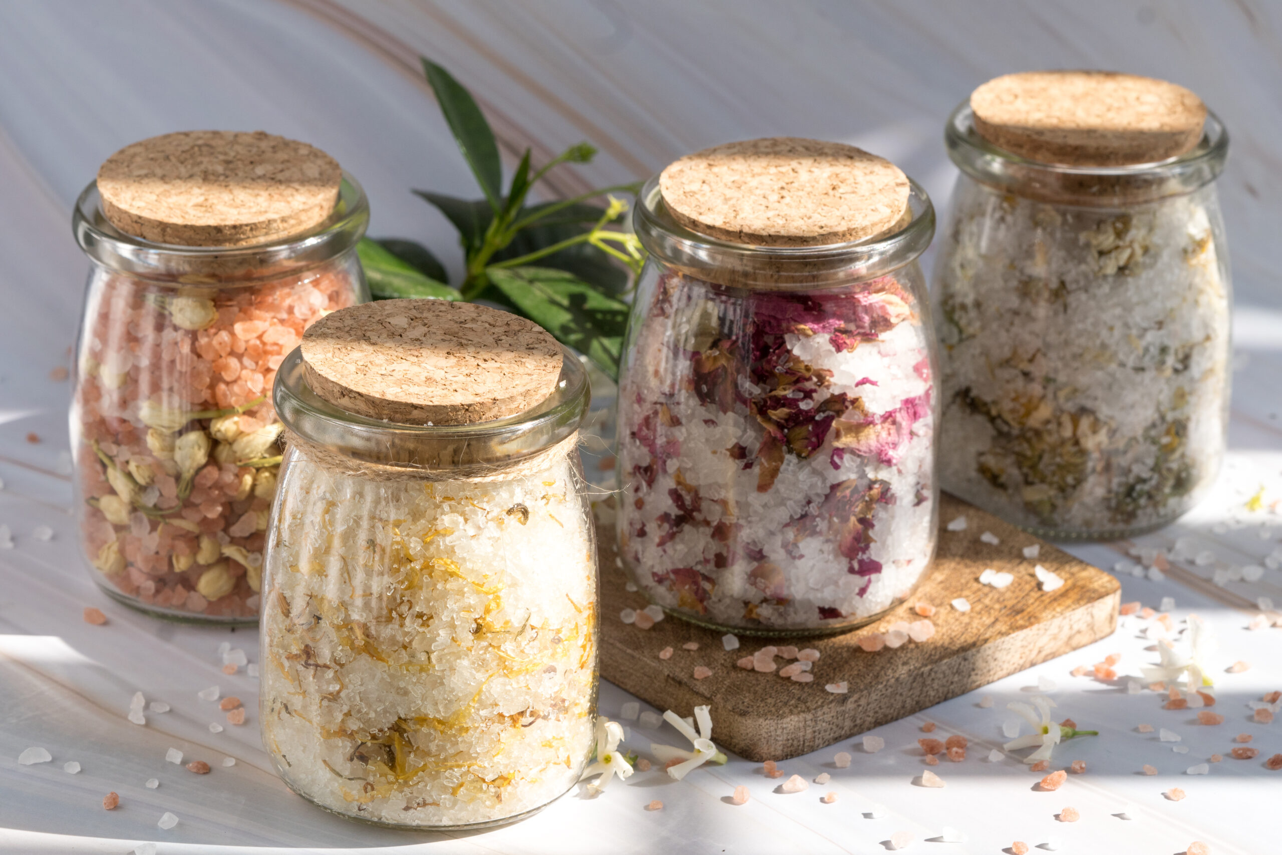 floral bath salt for relaxation, wellness, and body care. Spa and aromatherapy experience