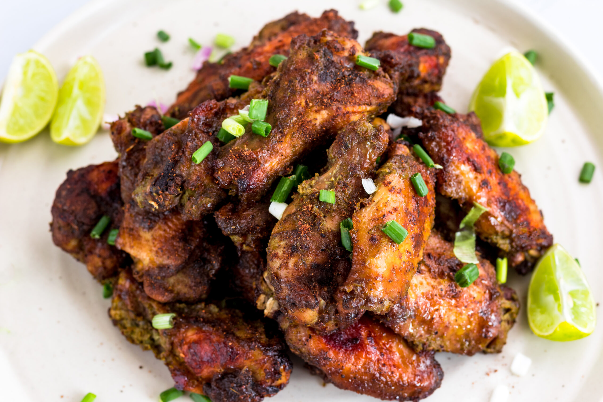 Jamaican Jerk Chicken Wings Top View Close-Up Photo. Spicy Chicken Wings, Appetizer, Directly Above.