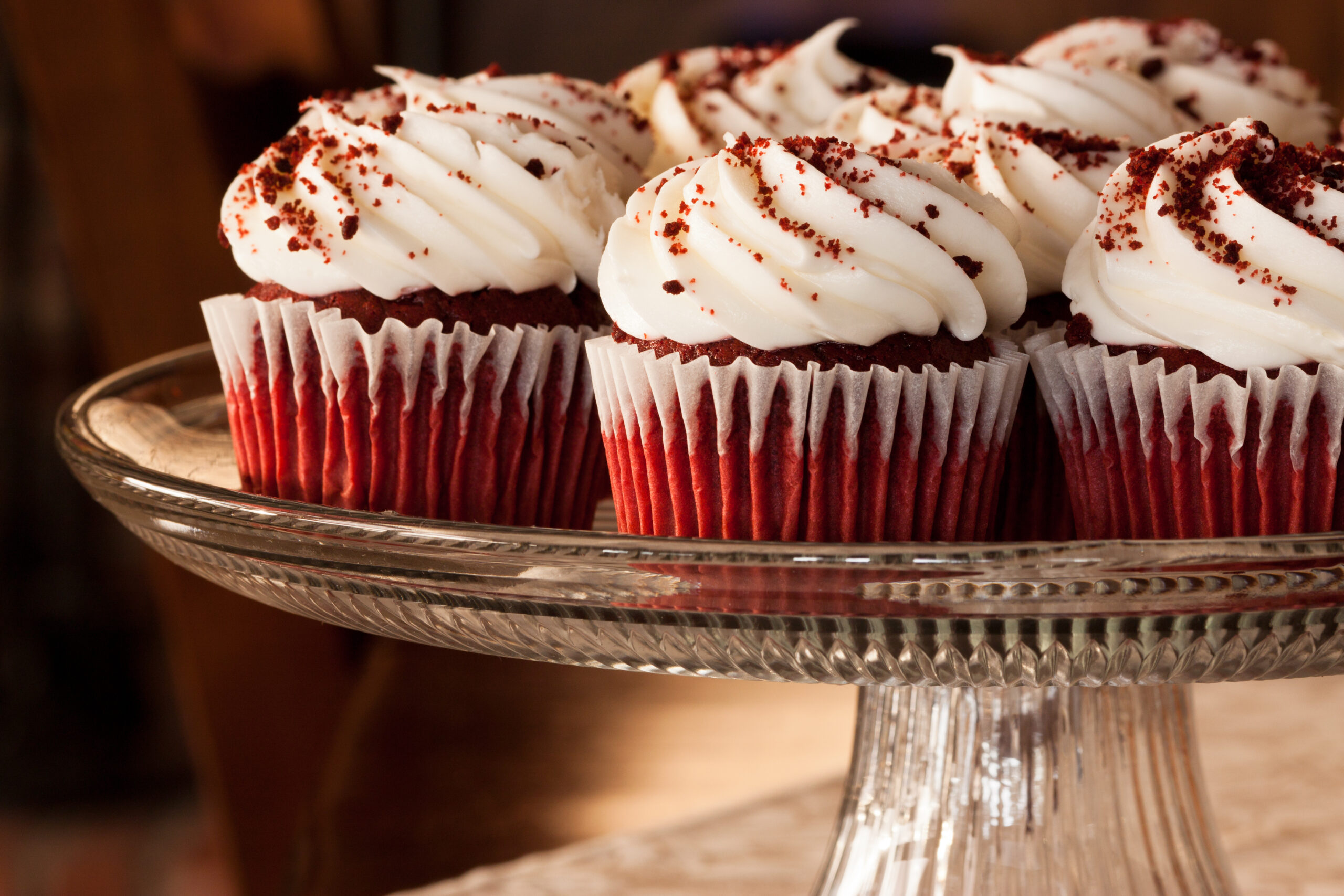 Red velvet cupcakes photographed using daylight and reflectors.