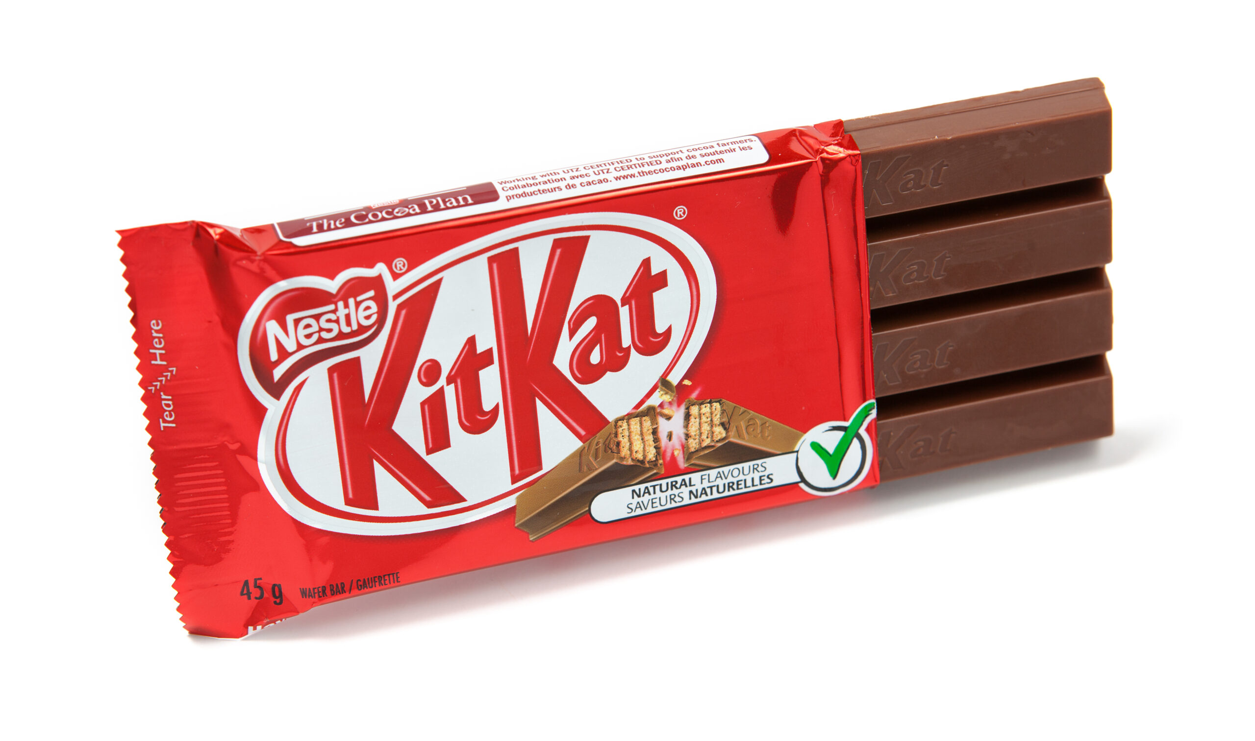 "Toronto, Canada - May 10, 2012: This is a studio shot of KitKat wafer bar candy made by Nestle isolated on a white background."