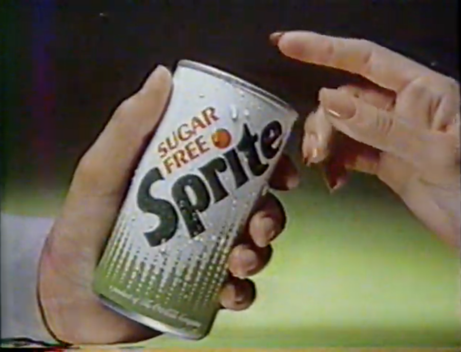 Person holding a can of Sugar Free Sprite, from 1981 commercial posted to YouTube by ewjxn