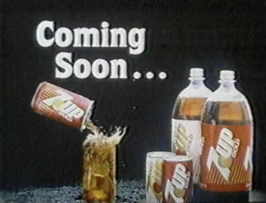 Bottles and cans of 7Up Gold, from 1988 commercial posted to YouTube by TheClassicSports