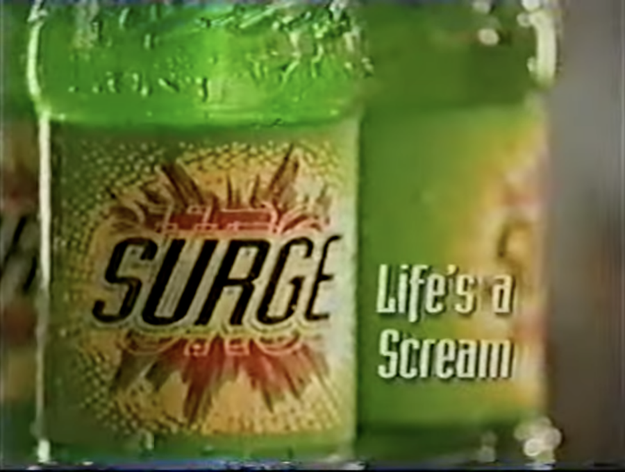 Bottles of Surge, from 1999 commercial posted to YouTube by Consumer Time Capsule