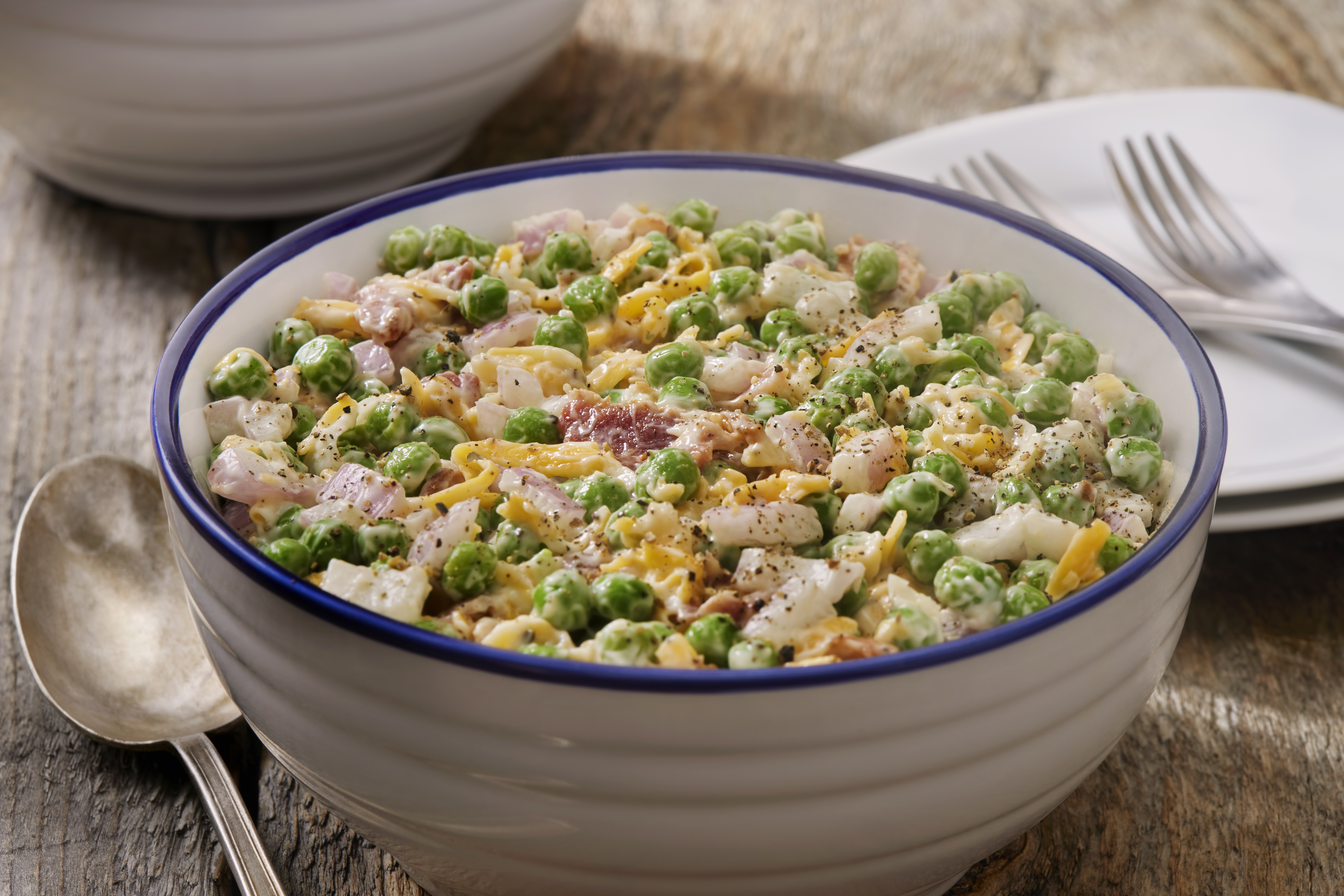 Creamy Green Pea and Bacon Salad with Red Onions