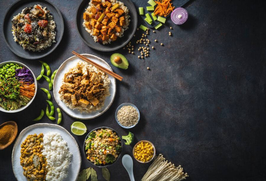 Asian Vegan Rice recipes plant based assorted as sushi bowl, Poke, chickpeas Masala, stir fried rice with tofu, Mapo tofu brown rice and braised eggplant rice