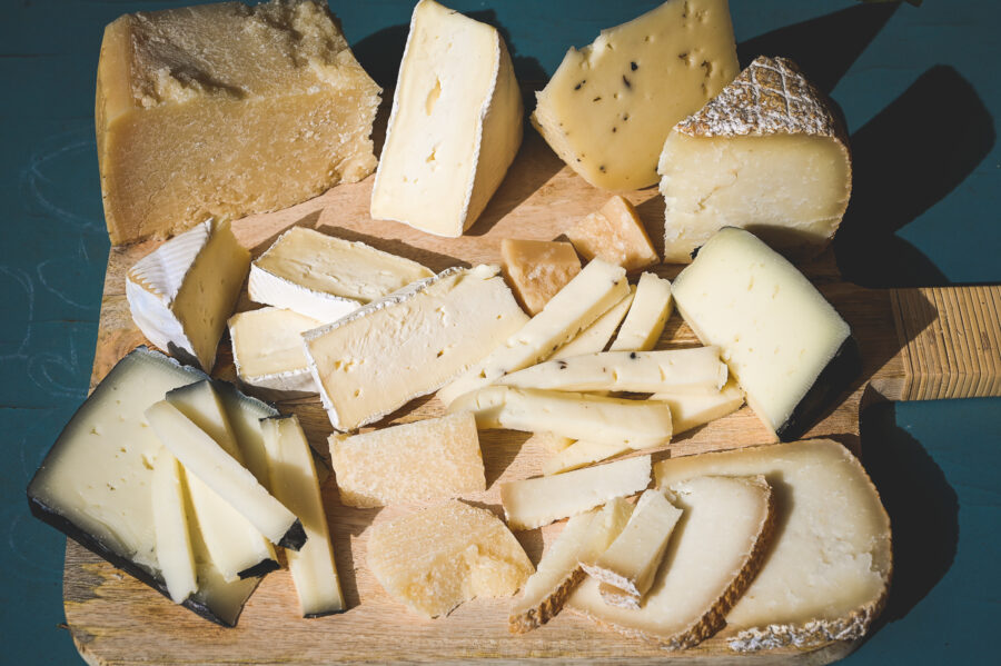 cheese board on a wooden tray.