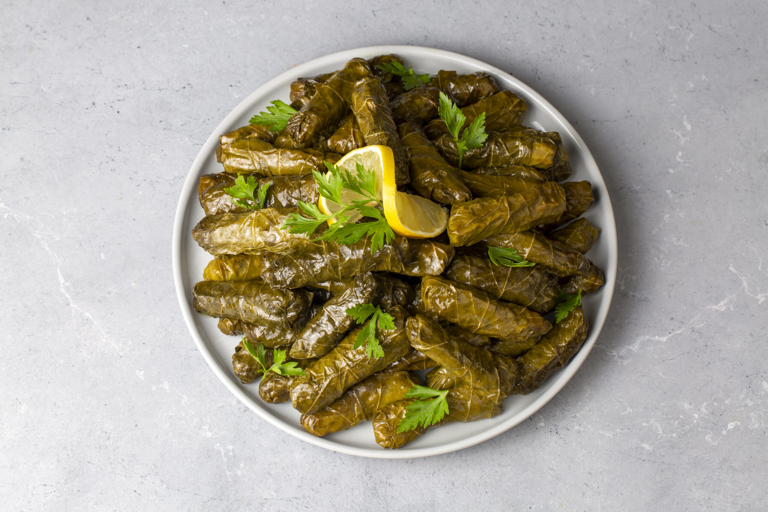 Delicious dolma (sarma) stuffed grape leaves rice, white yogurt sauce. Lebanese dolma sarma on plate. Lebanon turkish greek middle eastern cuisine. (Turkish name; Yaprak sarma)