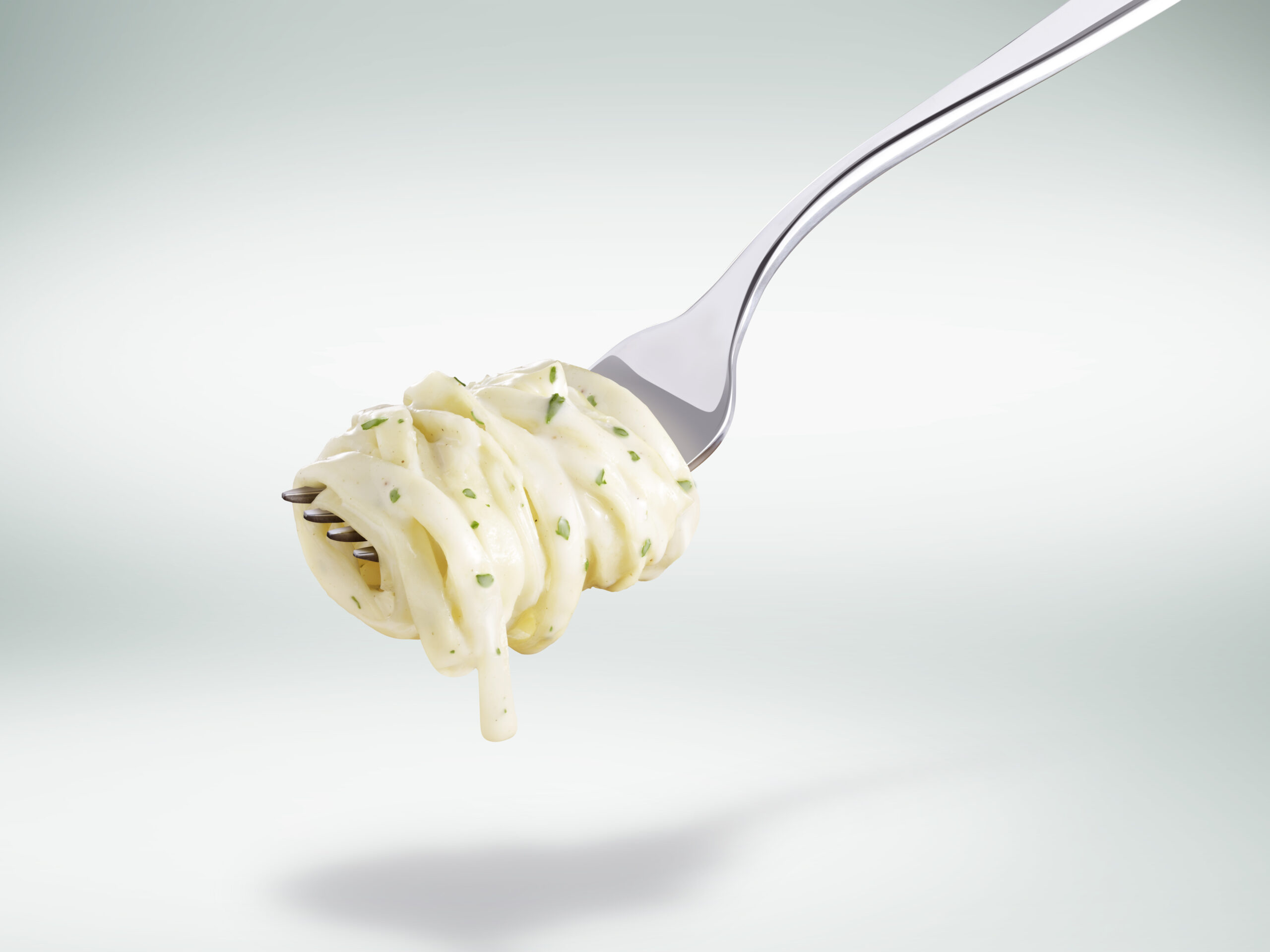 Forkful of delicious pasta with Alfredo sauce