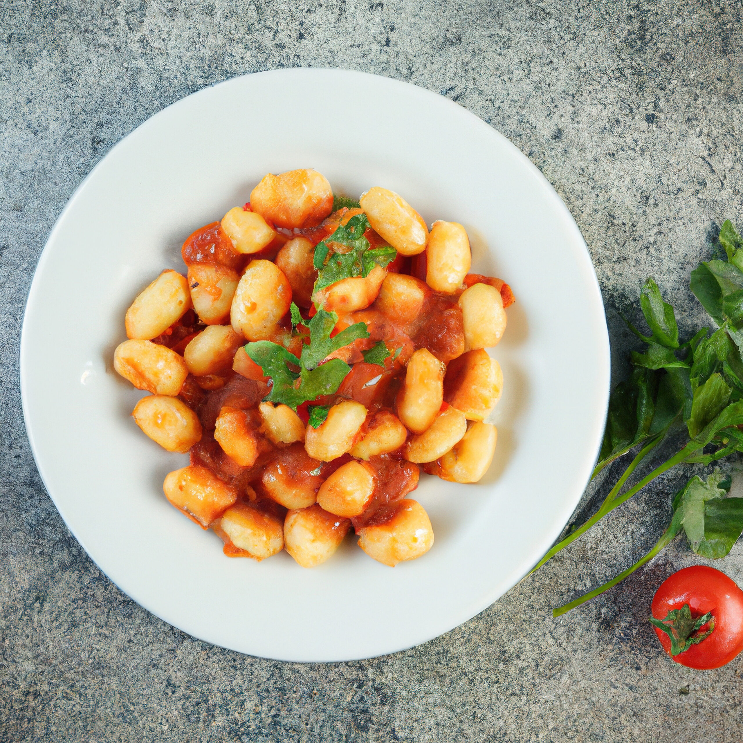 Gnocchi in sugo sauce with some parsley served in white plate on burnt cement table with pieces of tomato and parsley scattered on the table, Top view.