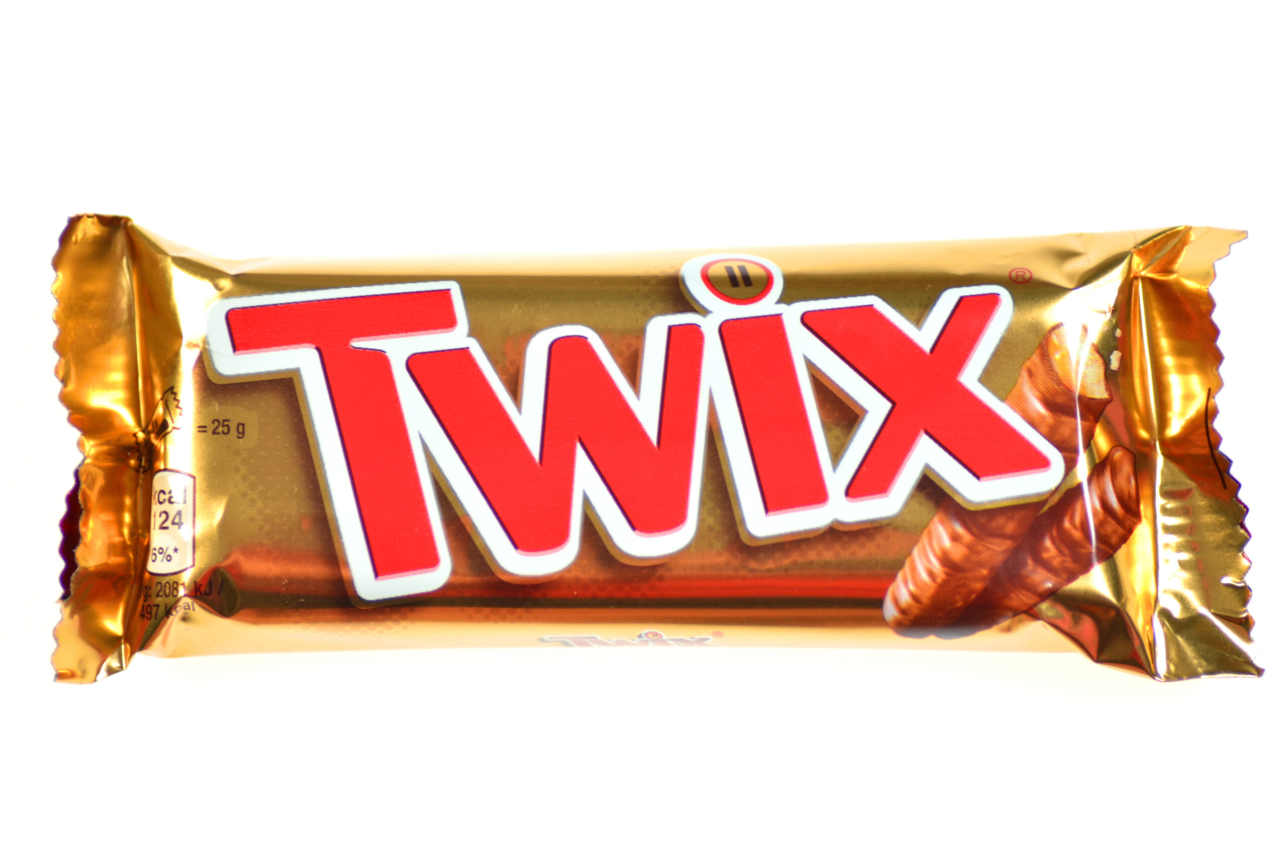 Kwidzyn, Poland - February 27, 2014: Twix cookie bars isolated on white background. Twix bars are produced by Mars Incorporated. Twix name has been used since 1991