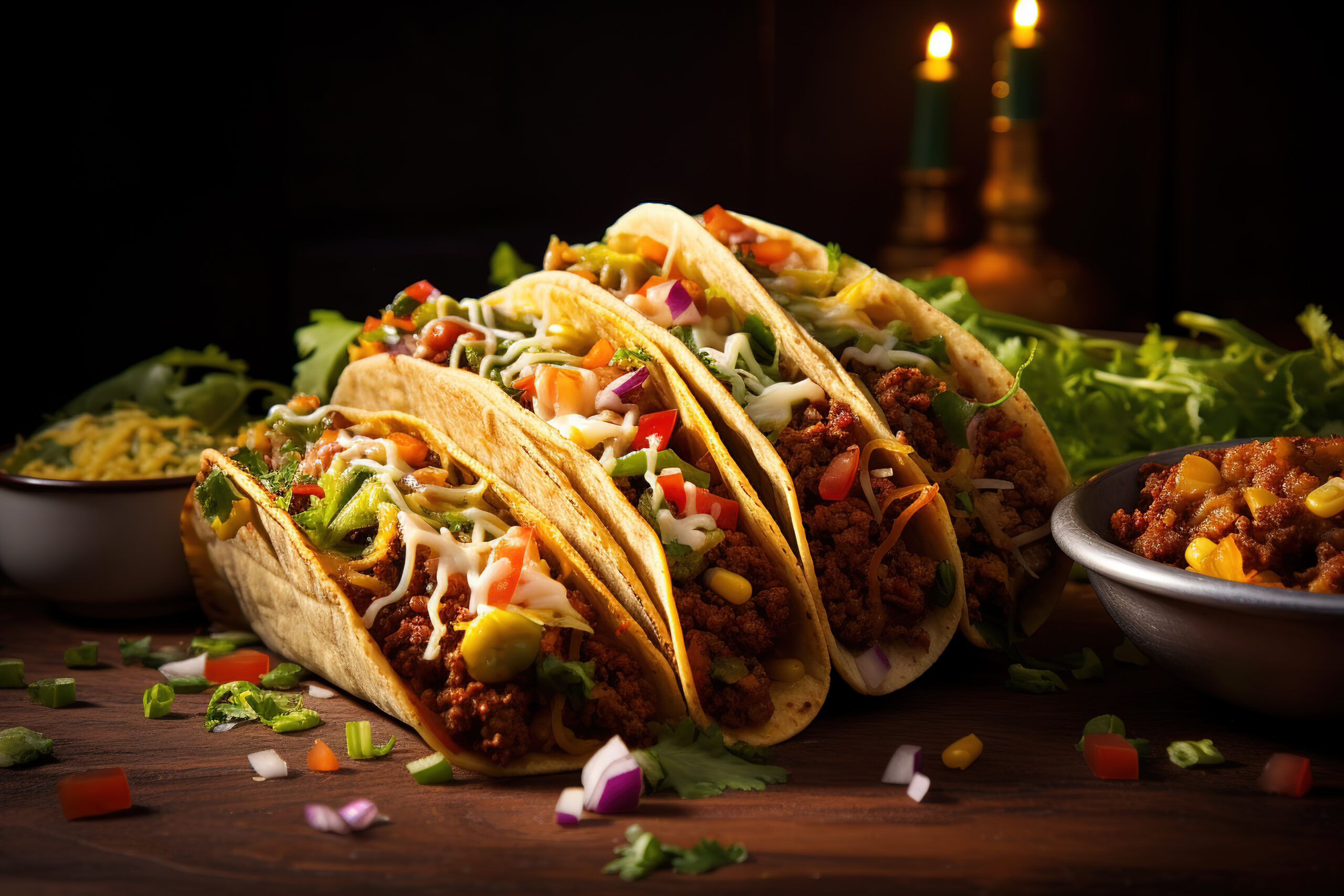 Mexican tacos with beef, vegetables and salsa. Tacos al pastor on wooden board on wooden background. Mexican food.