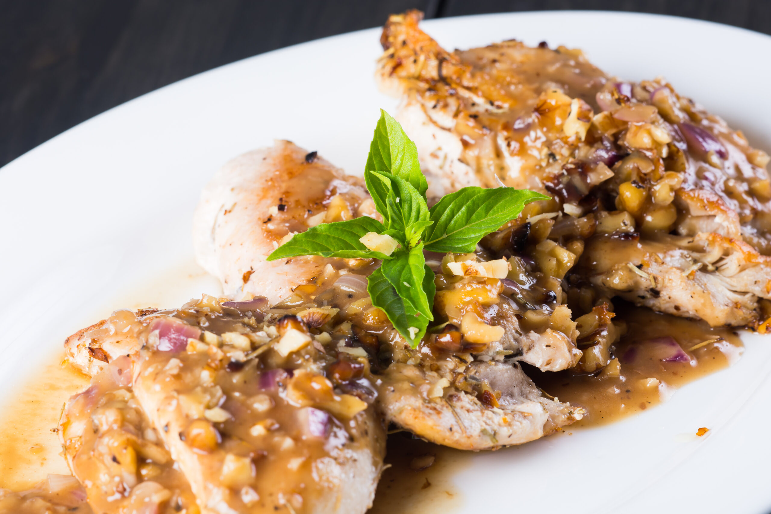 pan fried chicken breast in walnut sweet sauce