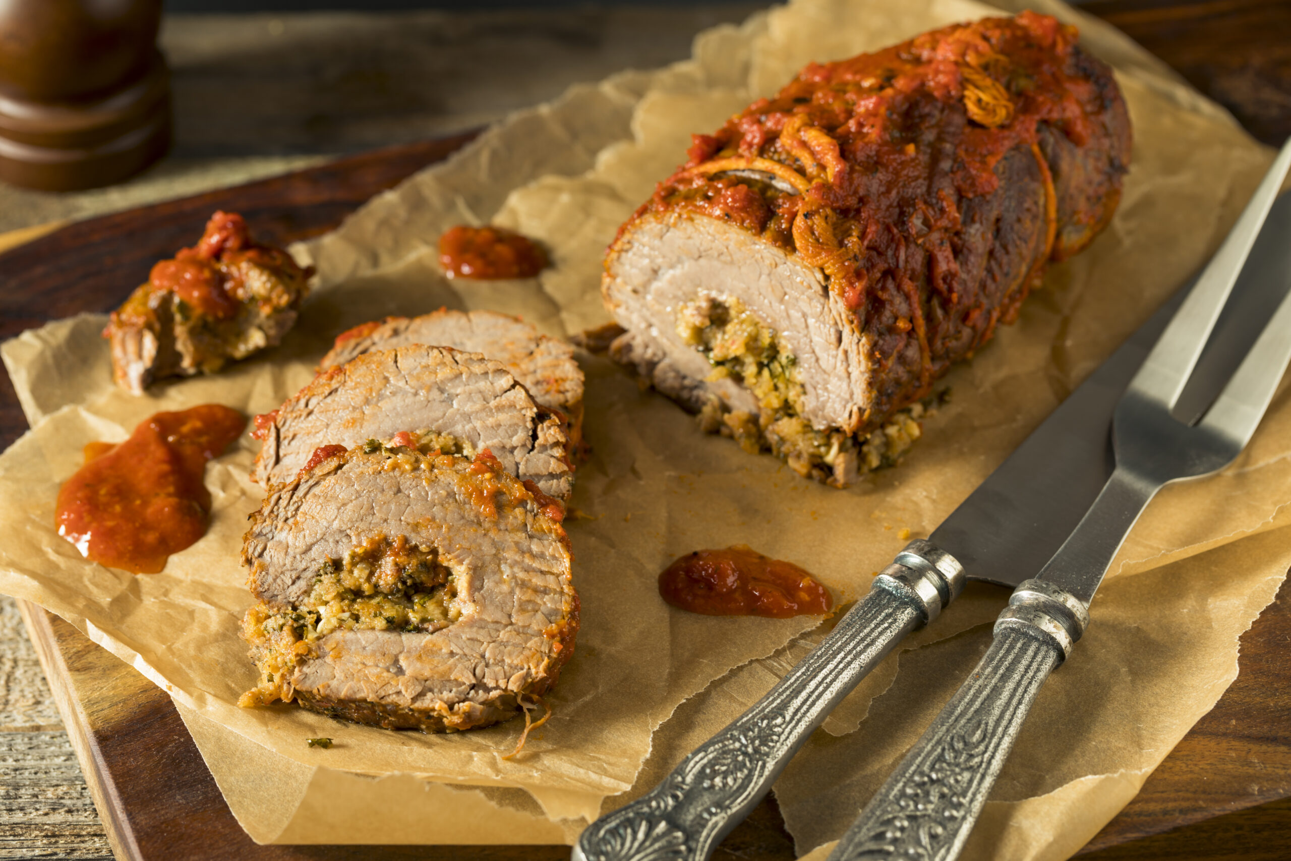 Rustic Italian Homemade Beef Braciole with Tomato Sauce and Parsley