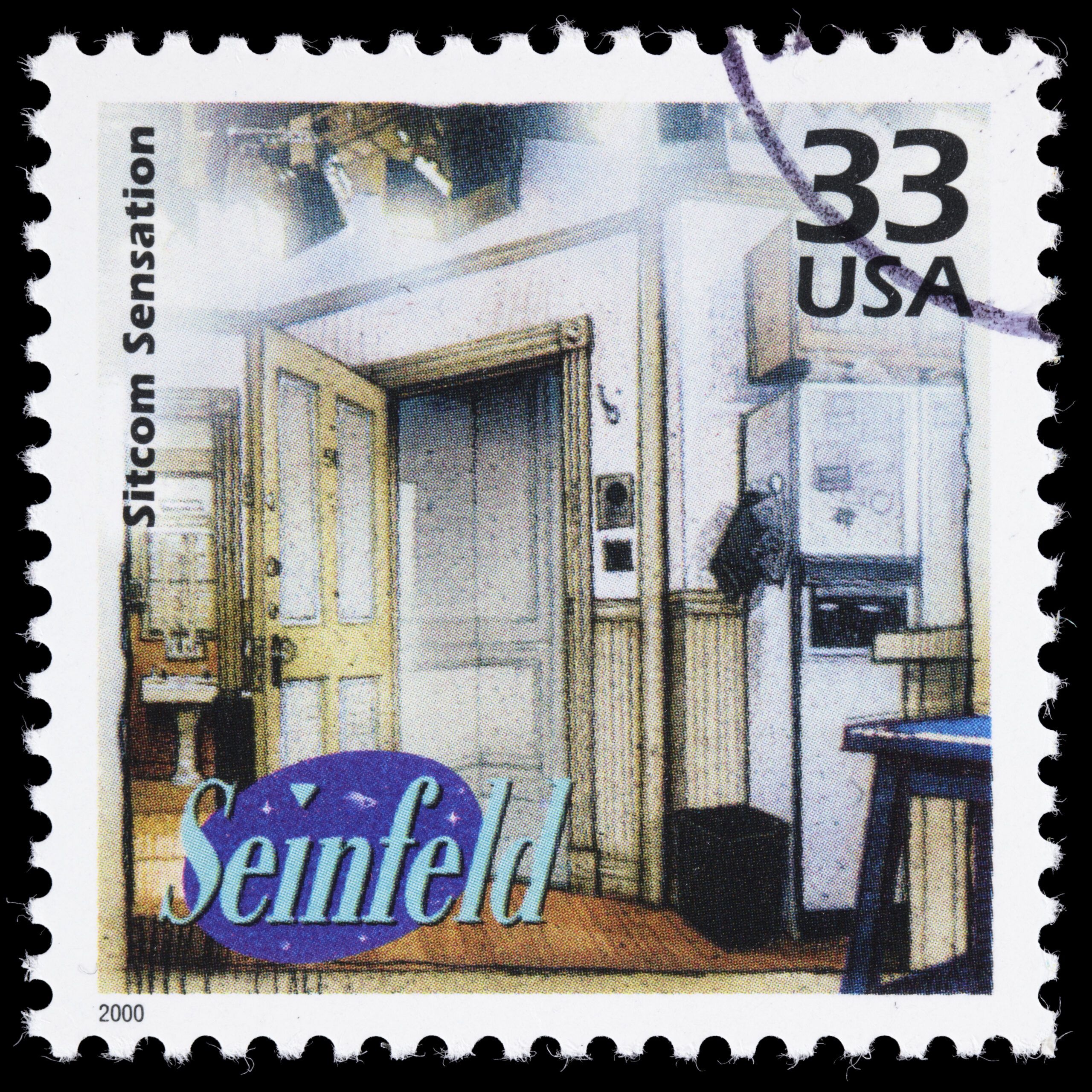 Sacramento, California, USA - March 20, 2011:  A USA postage stamp issued in 2000 with an illustration of the main set of the television sitcom Seinfeld, as well as a variation of the show's logo. Seinfeld first aired on NBC in 1989; it ran for nine seasons. The stamp was designed by Howard Paine and illustrated by Drew Struzan.