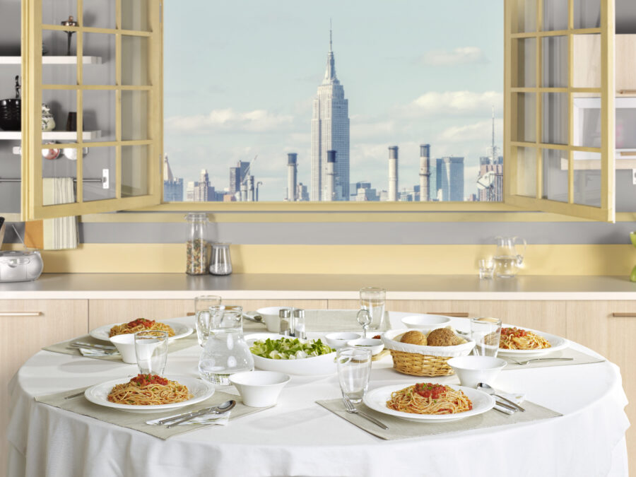 Table setting with food with a New York City view