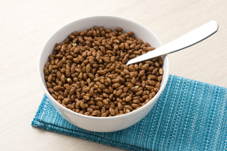 A bowl of cocoa cereal.