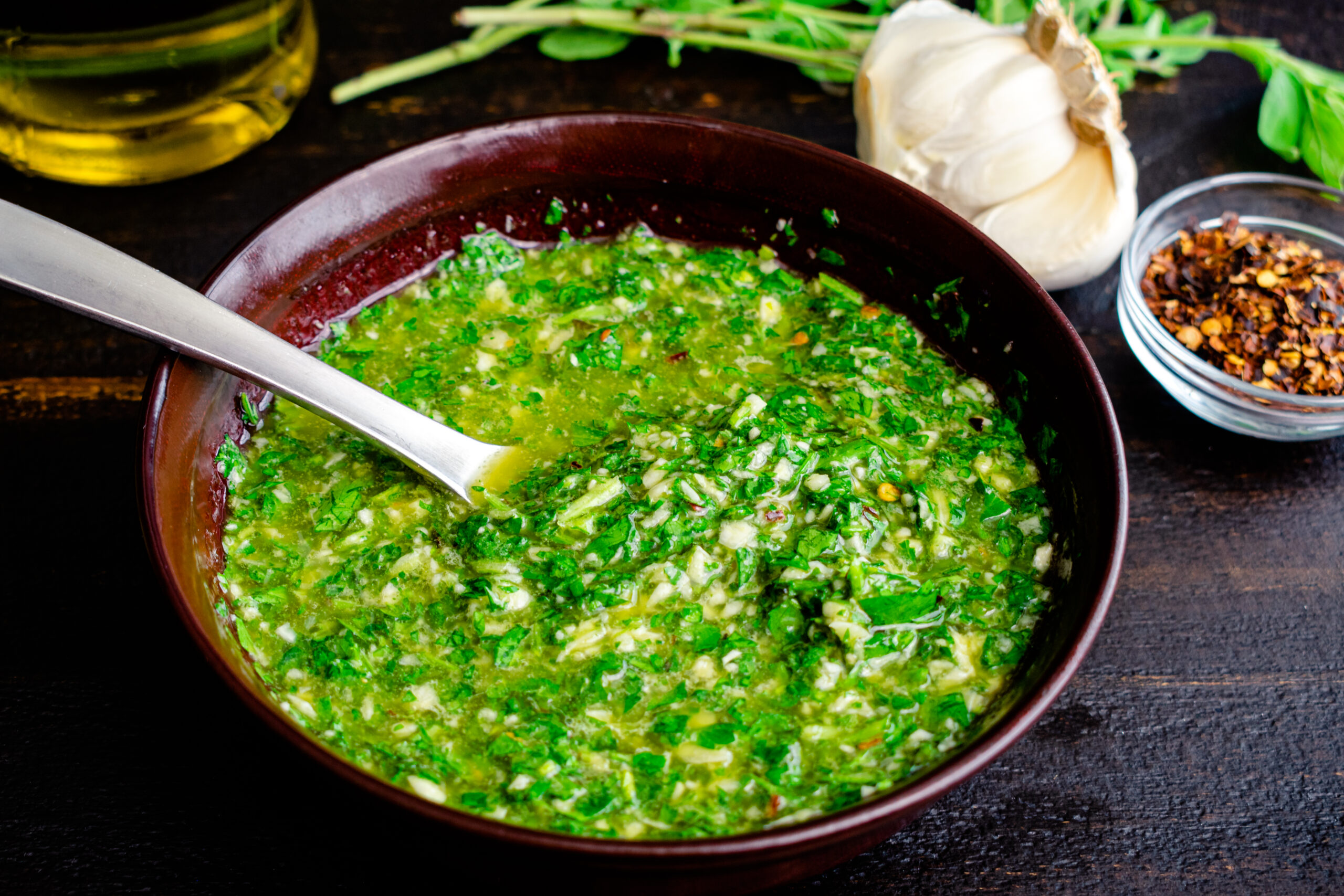 A closeup view of freshly made chimichurri