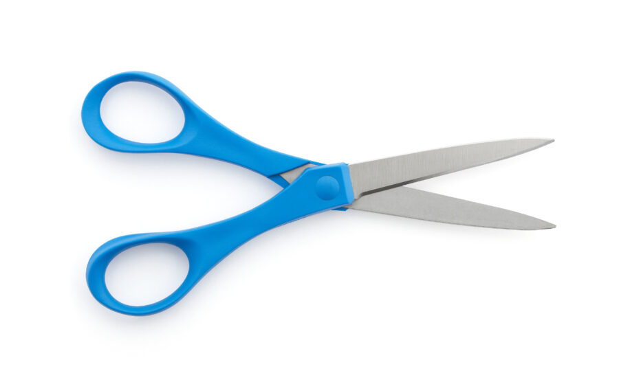 A pair of blue handle scissors, open