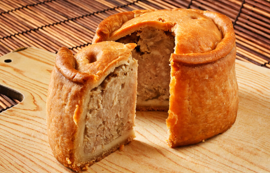 A traditional handmade pork pie traditionally called Melton Pies from the town of Melton Mowbray in the Midlands, England