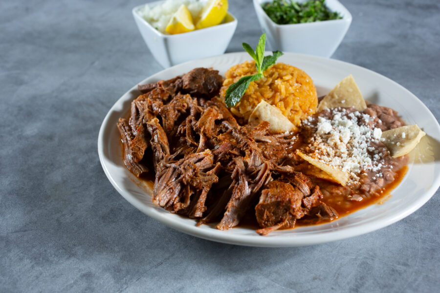 A view of a plate of birria de res.