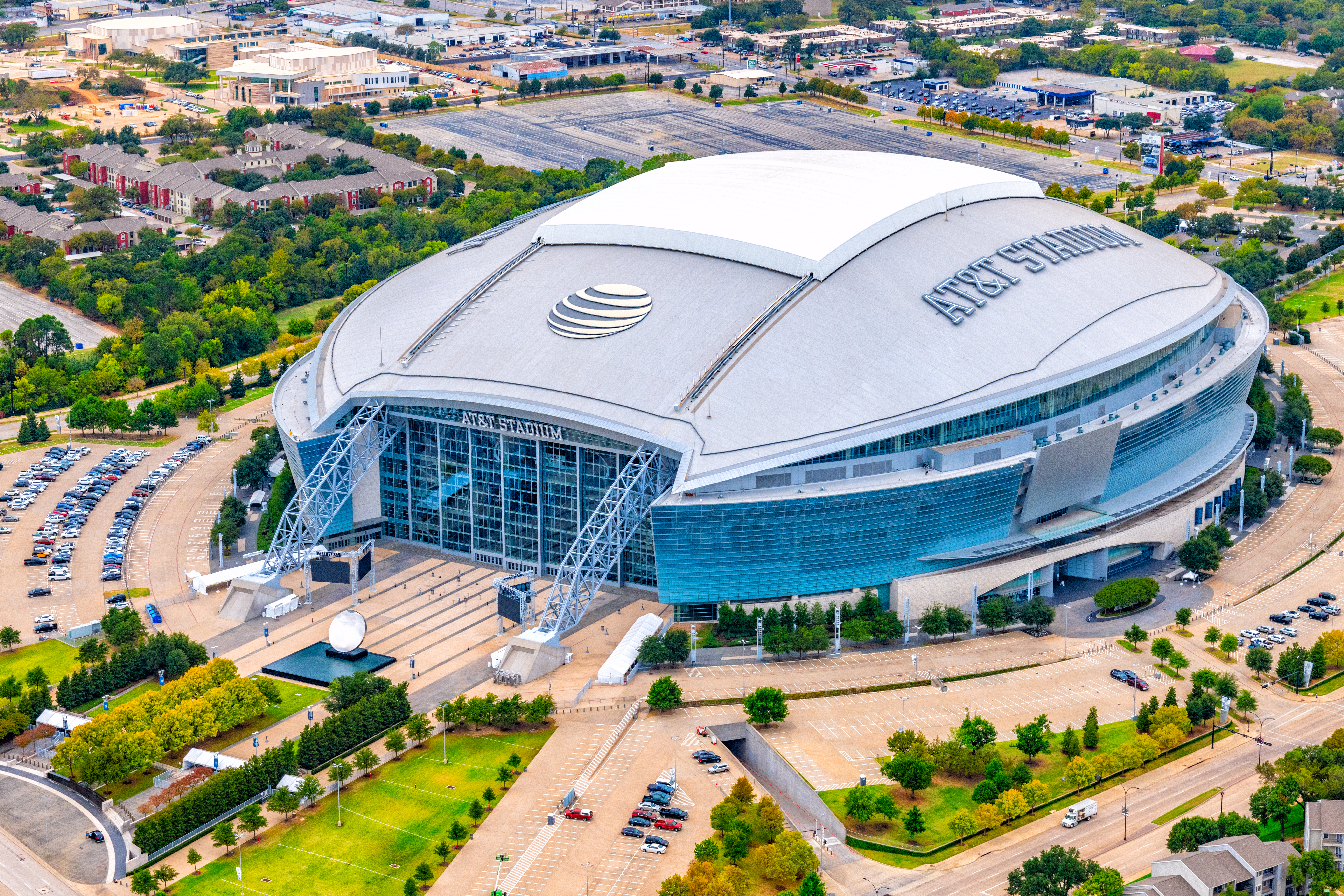 Arlington, United States - October 21, 2020: Aerial view of the home of the Dallas Cowboys, AT&T Stadium located  west of downtown Dallas in the city of Arlington, Texas.