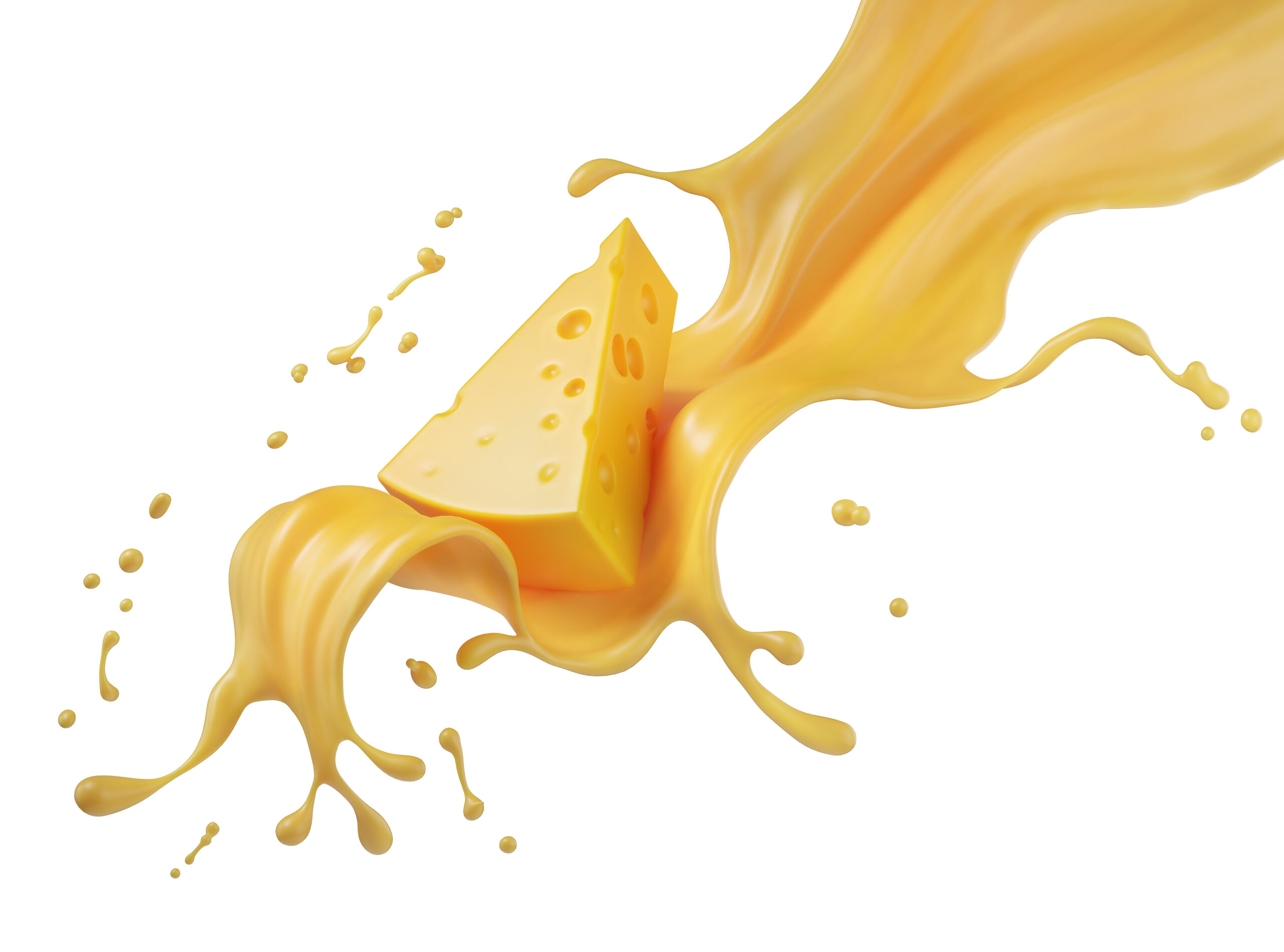 Cheese sauce splashing in the air with cheddar cheese, 3d rendering.