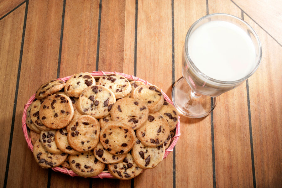 Chocolate chip cookies and glass of milk