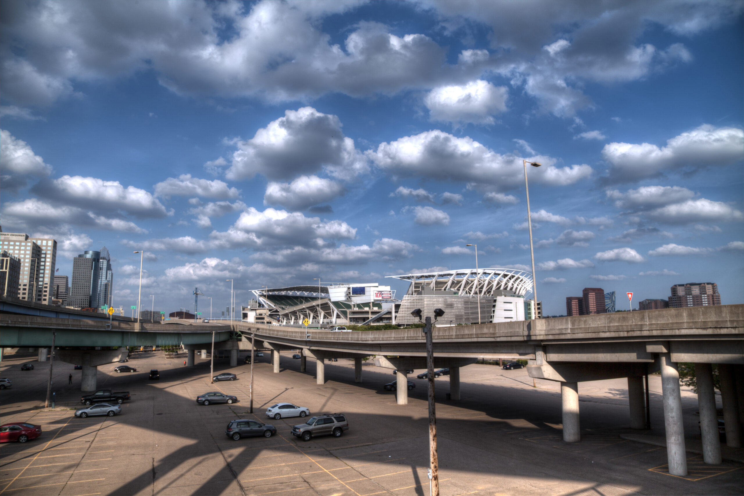 Cincinnati, Ohio, USA, June 17,2014: Paul Brown Stadium parking lot covered with clouds home of the Bengals.