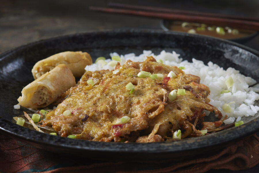 Classic Pork Egg Foo Young with a Spring Roll, Rice and Gravy