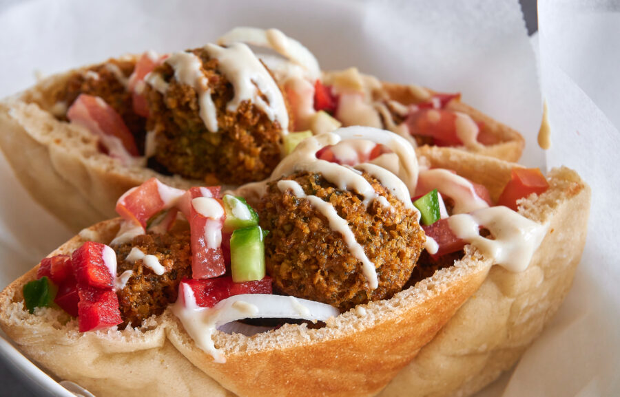 Close-up of chickpea falafel in a gluten-free pita