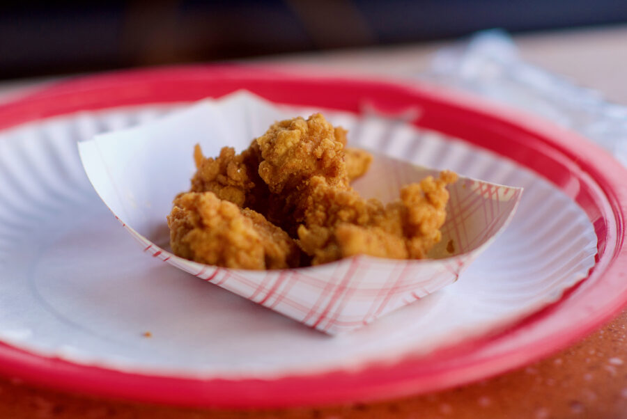 Close-up of deep-fried alligator “bites” served as an appetizer at a Florida restaurant.