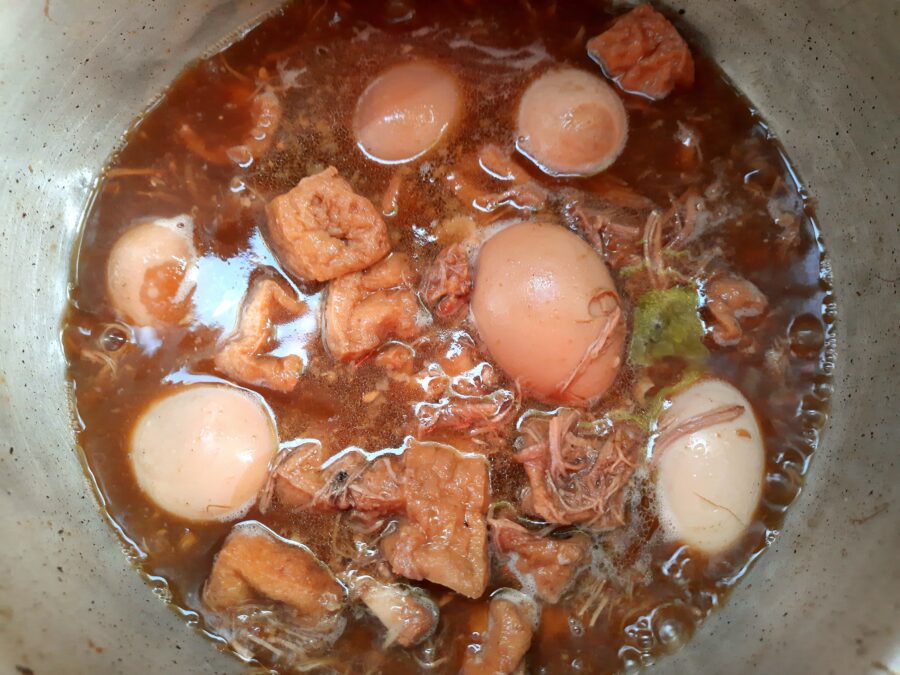 Cooking Stew Egg in Sweet Brown Sauce - food preparation.