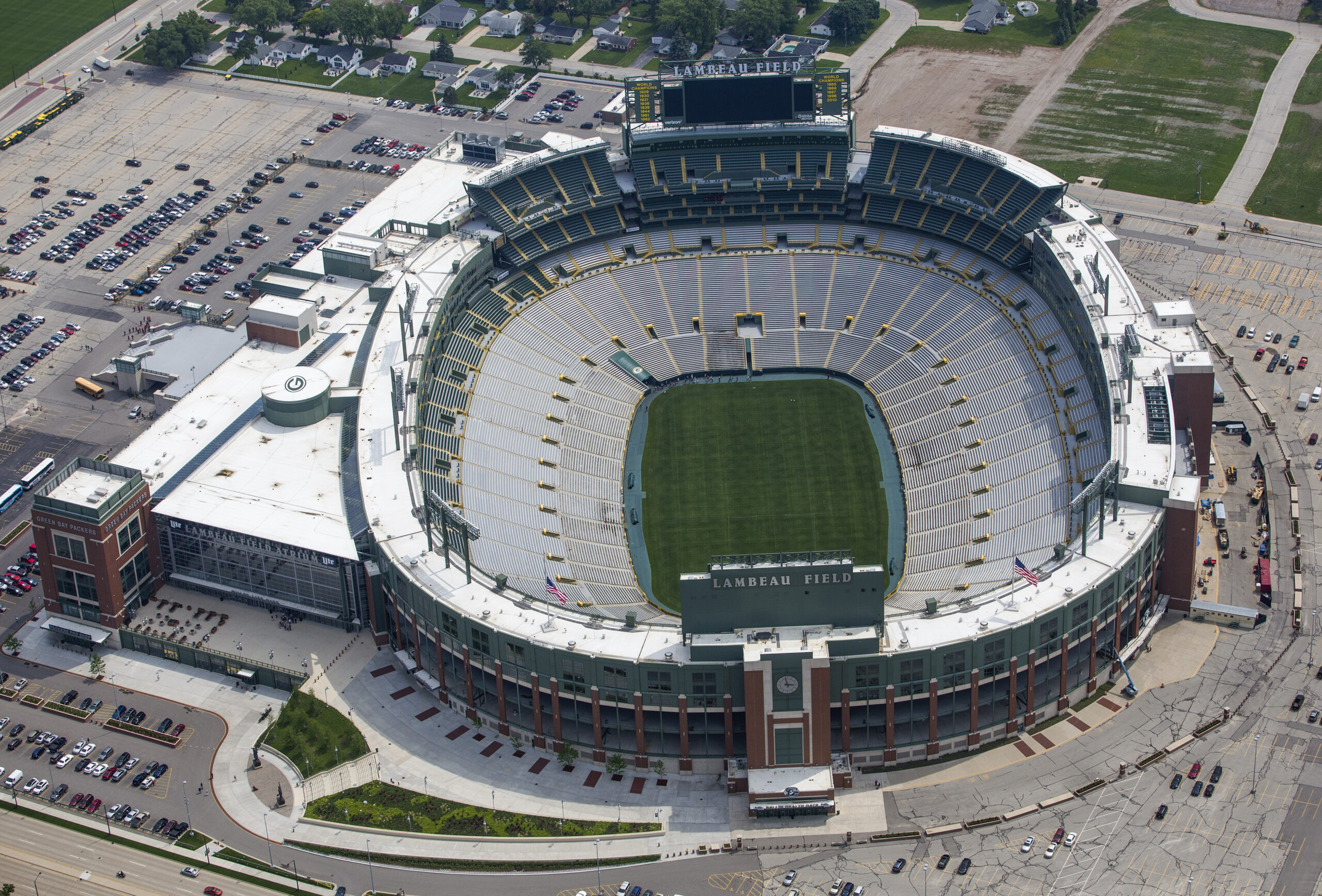 Green Bay, Wisconsin, USA June 14, 2016: Lambeau Field is the home stadium of the Green Bay Packers football team. Aerial photo taken from C175 airplane.