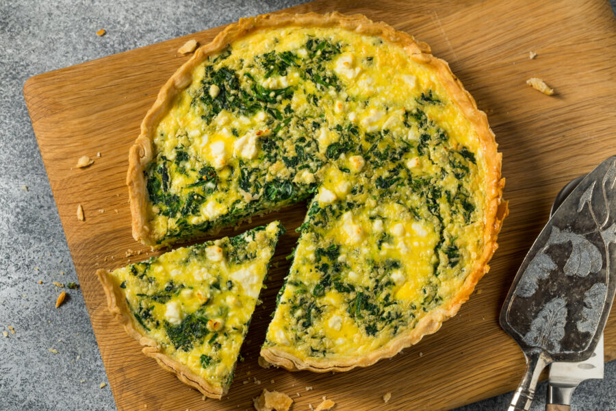Homemade Feta Spinach Quiche Tart with Eggs and Onion