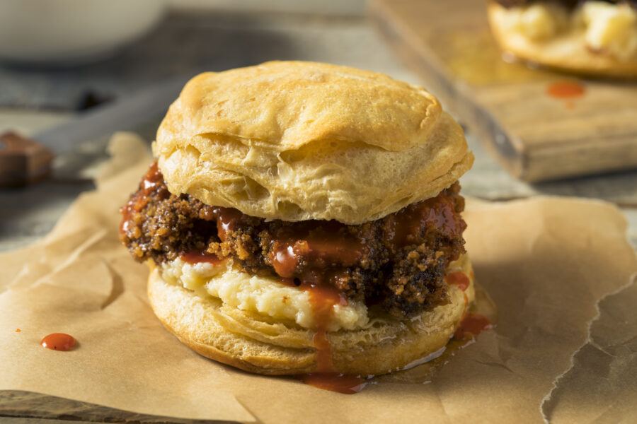 Homemade Honey Butter Chicken Biscuit with Hot Sauce