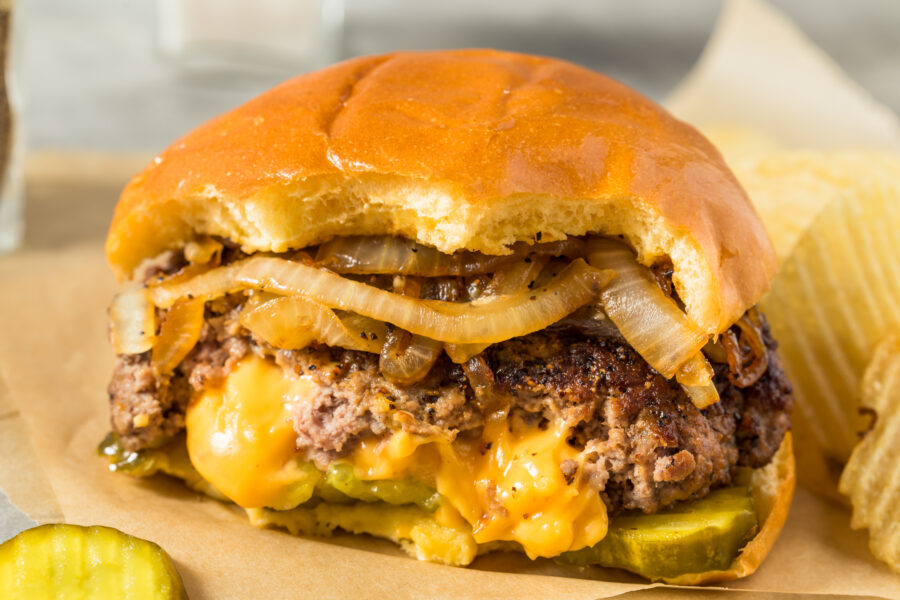 Homemade Juicy Lucy Cheeseburger with Cheddar and Chips