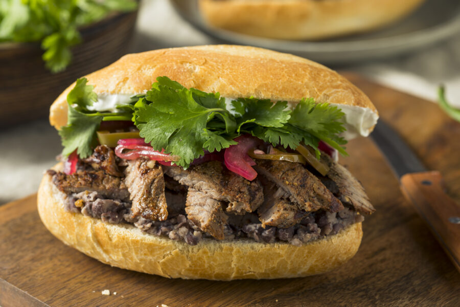 Homemade Mexican Beef Torta Sandwich with Cilantro and Jalapenos