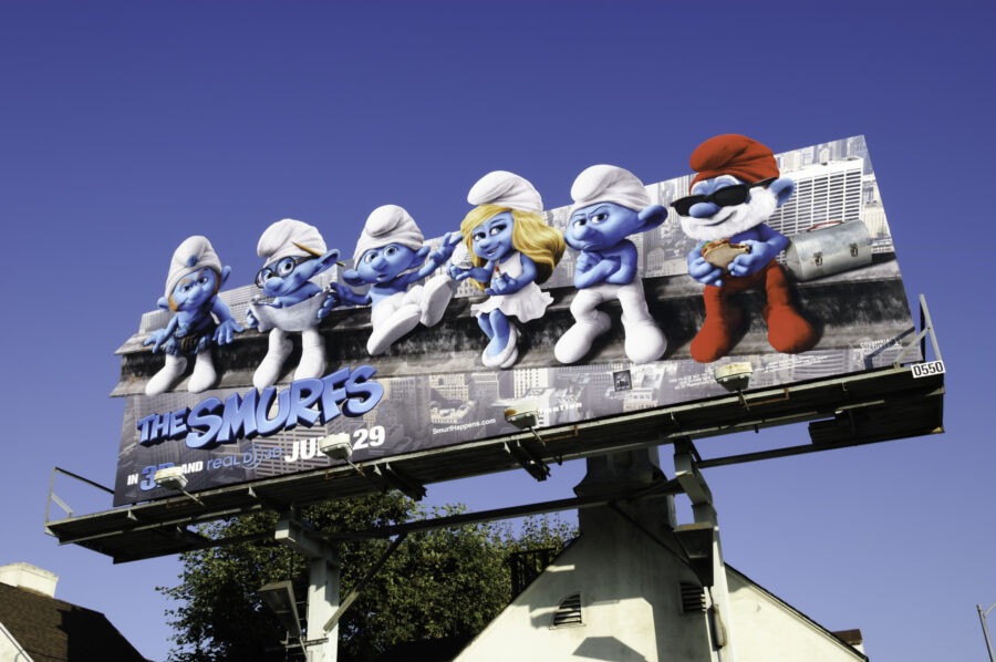 Billboard advertising the 3D movie "The Smurfs" on Westwood Boulevard. The film is based on Peyo's comic books and television series of the same name.