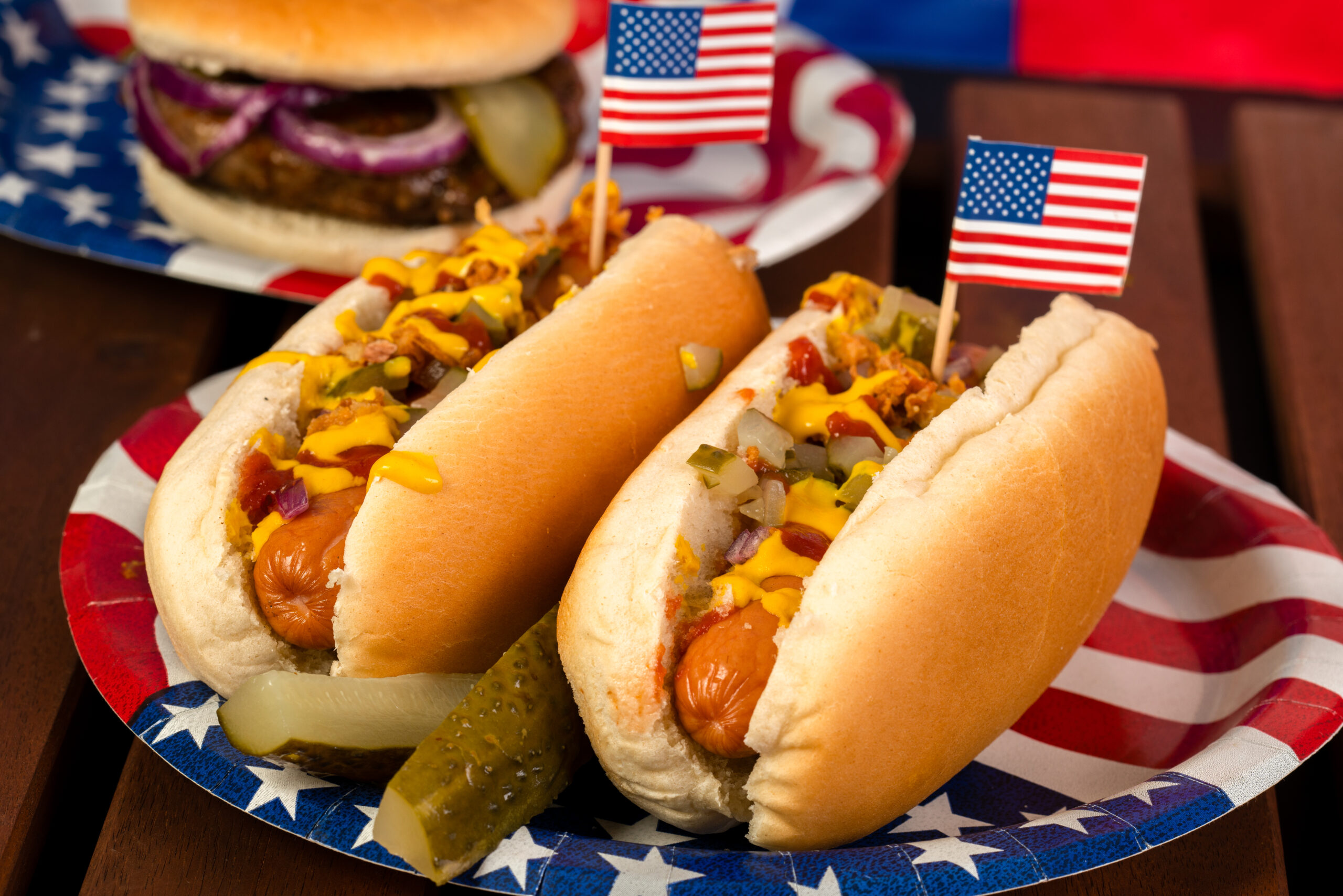 two hot dogs with USA flag