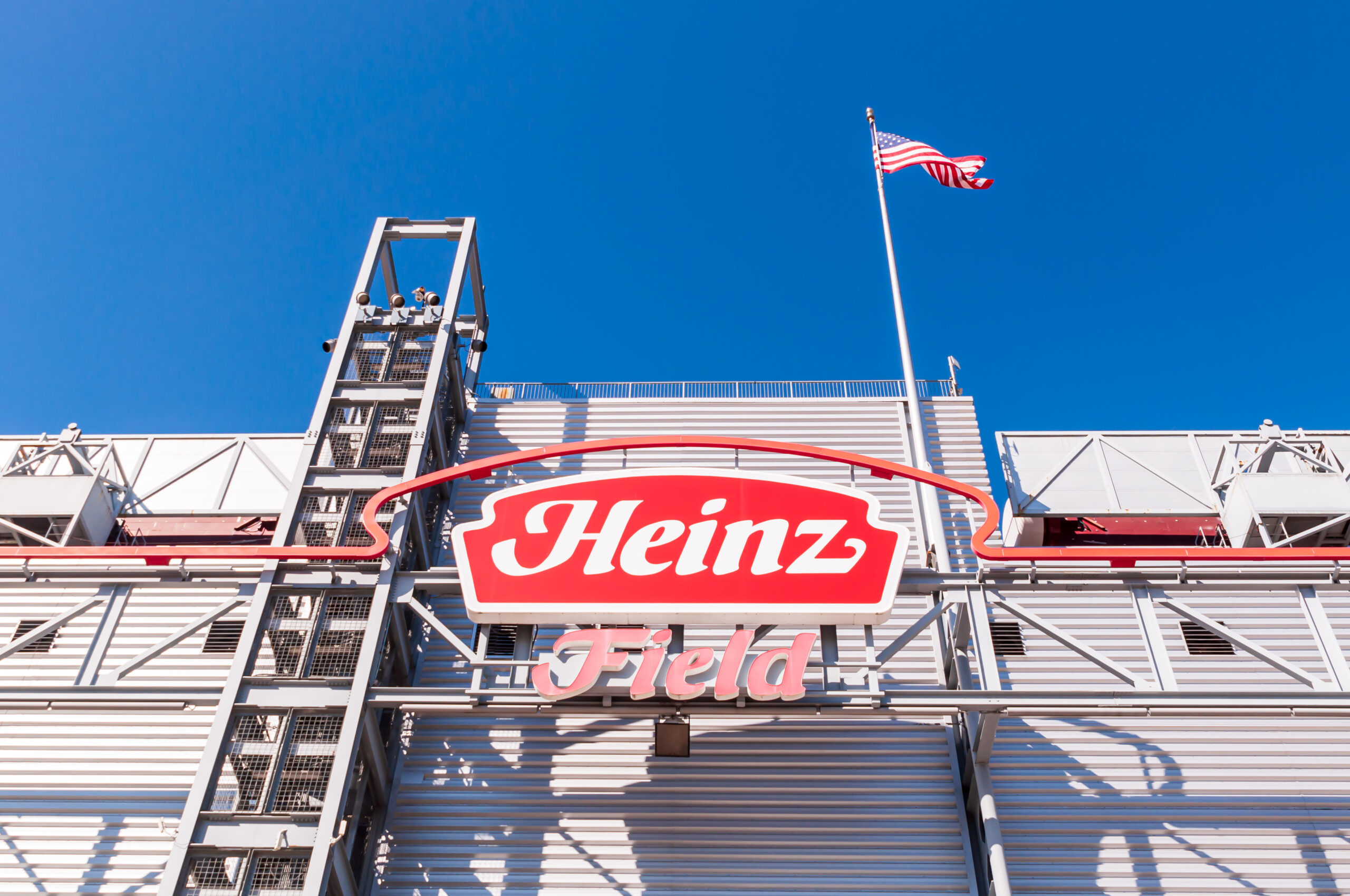 Pittsburgh, Pennsylvania, USA 2/22/20 The Heinz Field sign on the rear of the scoreboard. The Pittsburgh Steelers and Panthers use the facility as their home field to play football